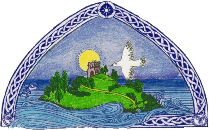 Jojous isle logo - dove flying over island